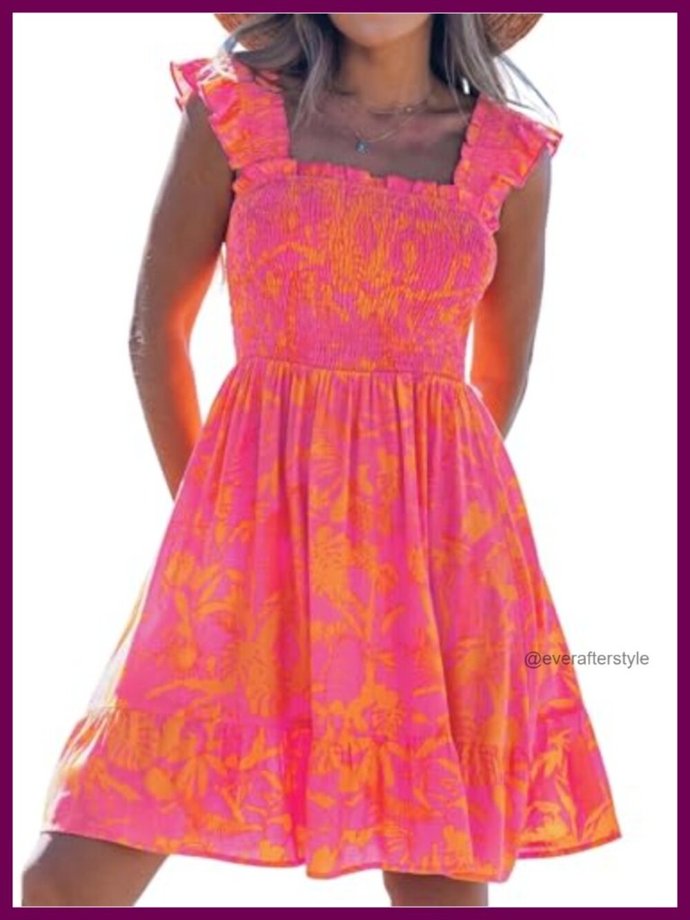 Women Summer Mini Dress Square Neck Sleeveless A-Line Floral Smocked